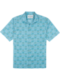 Light blue tropical-pattern short-sleeve button-up shirt, front view.