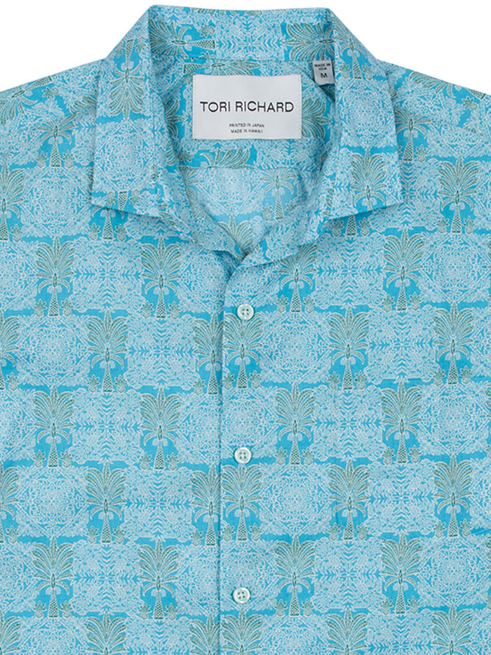 Blue palm tree print button-up shirt, lightweight fabric, collar view, Tori Richard label shown.