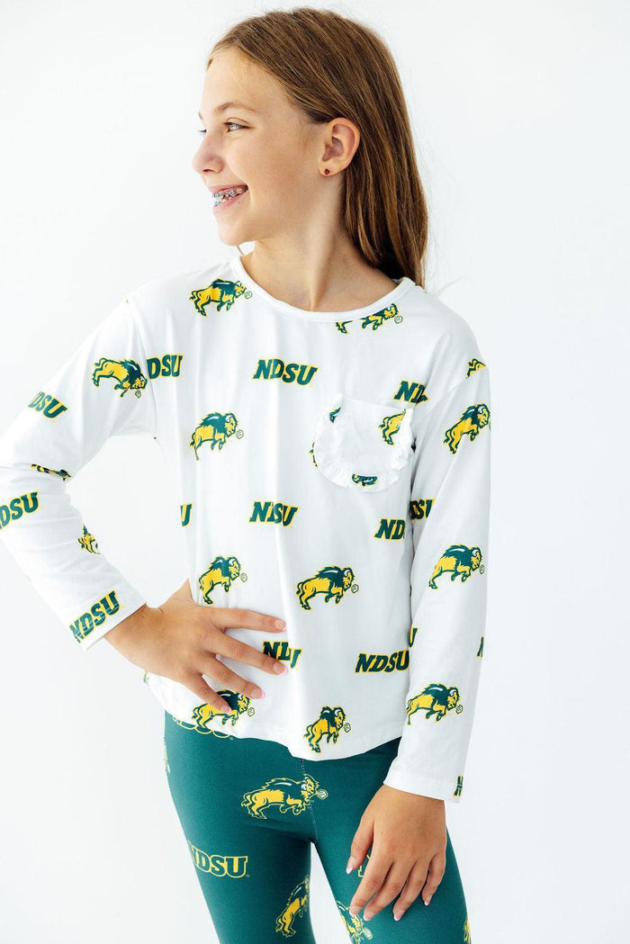 North Dakota State University White Bison L/S Ruffle Pocket Tee-Mila & Rose ®