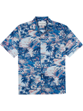 Blue/white palm-floral short-sleeve Hawaiian shirt, cotton lawn, front and detailed front views.