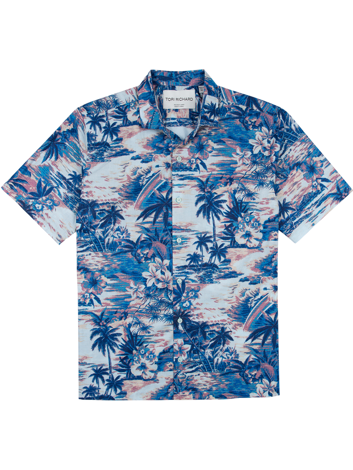 Blue/white palm-floral short-sleeve Hawaiian shirt, cotton lawn, front and detailed front views.