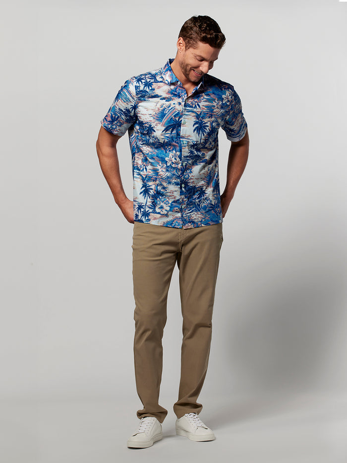 Nostalgic Coast blue floral cotton lawn short-sleeve shirt, front view.