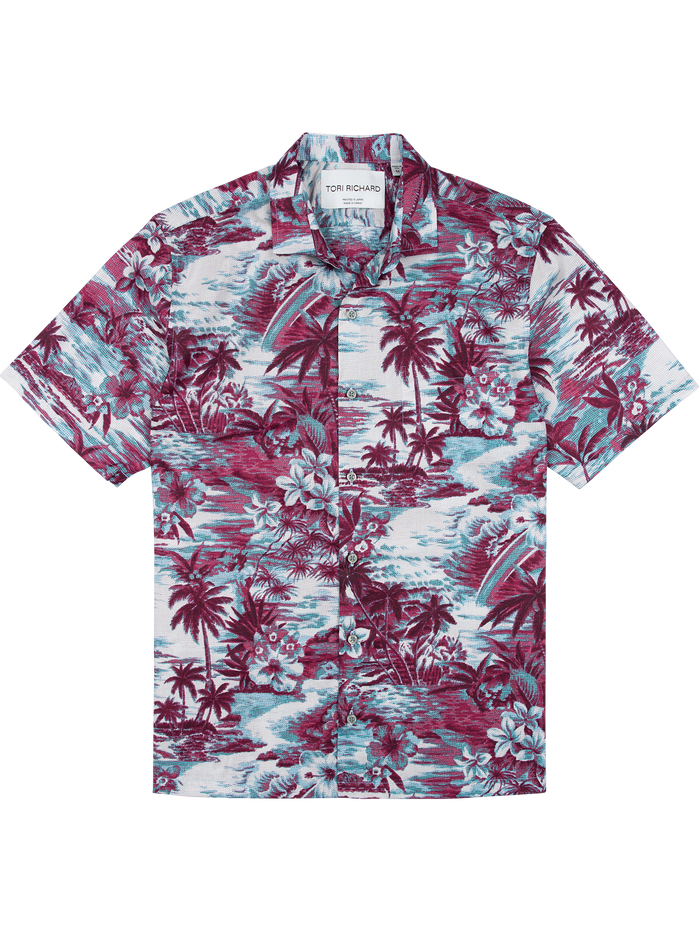 Front and back views of maroon and blue tropical-print short-sleeve cotton shirt.