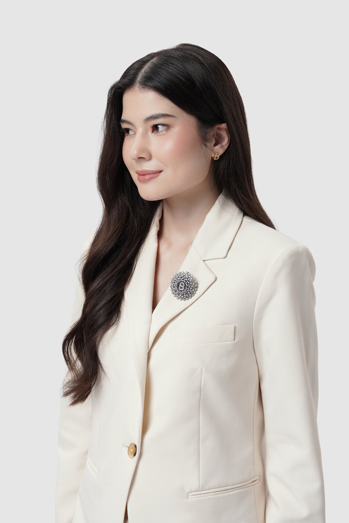 noura brooch in silver by buttonscarves on blazer