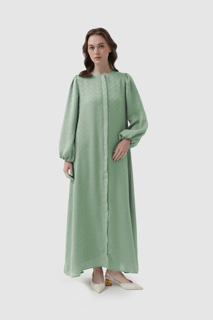 noura puff dress in jadeite by buttonscarves overview look