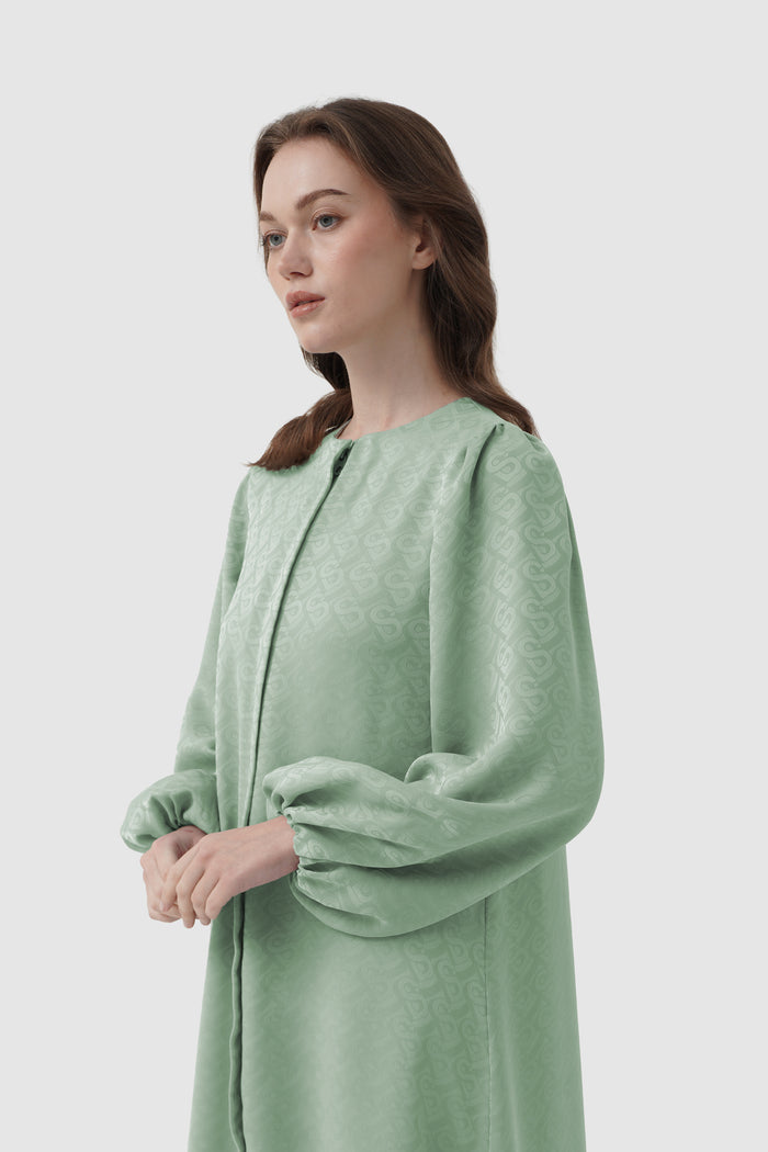 noura puff dress in jadeite by buttonscarves front view
