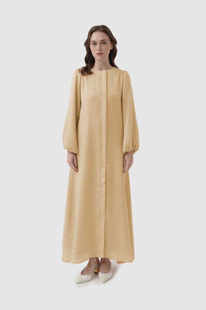 noura puff dress in pebble by buttonscarves overview look