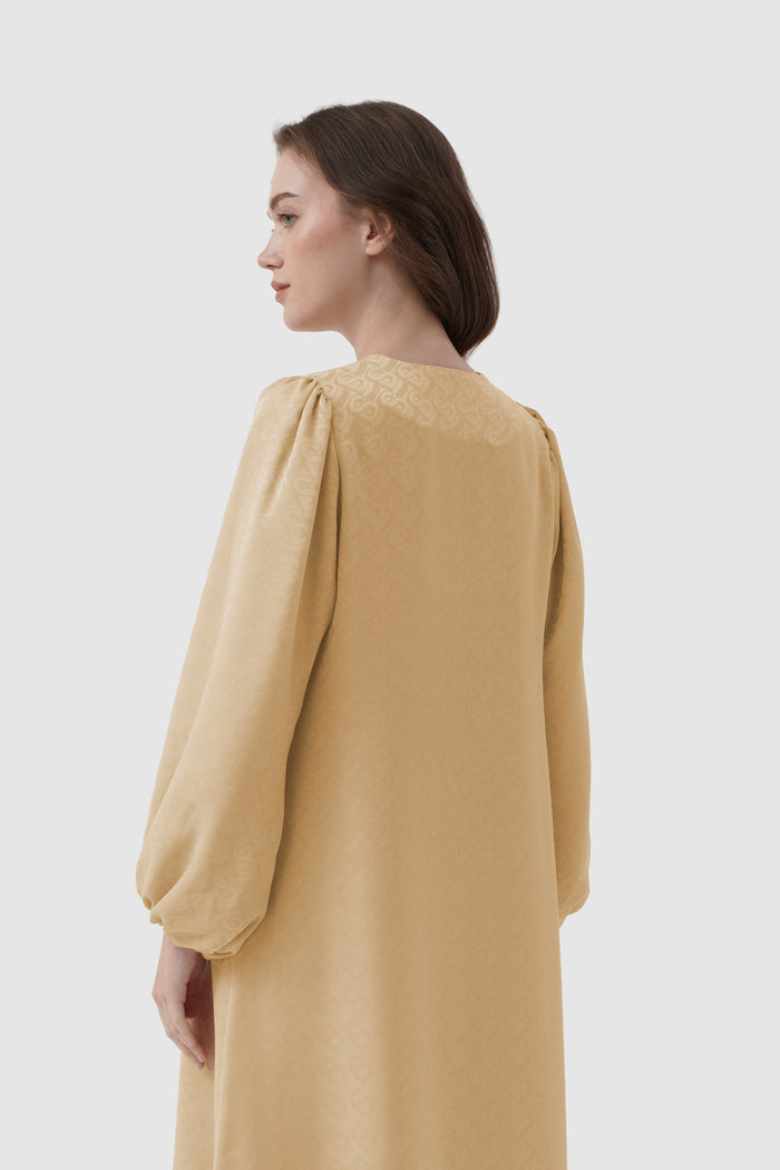 noura puff dress in pebble by buttonscarves back view