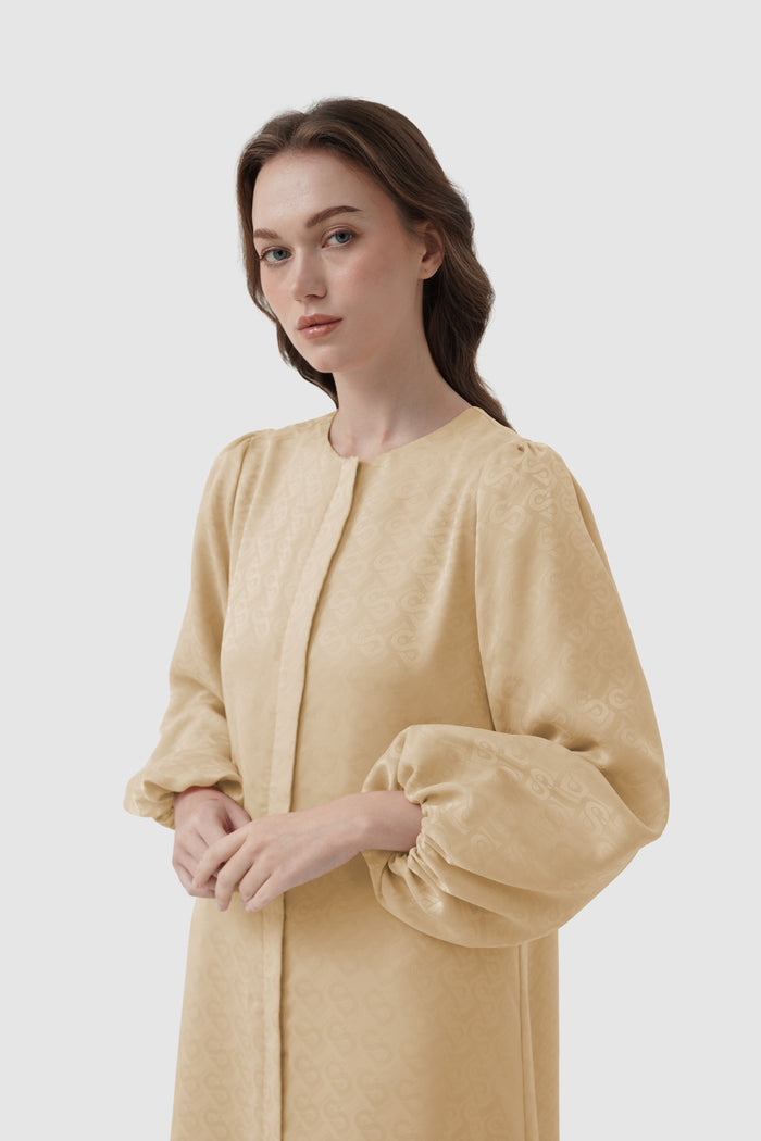 noura puff dress in pebble by buttonscarves front view