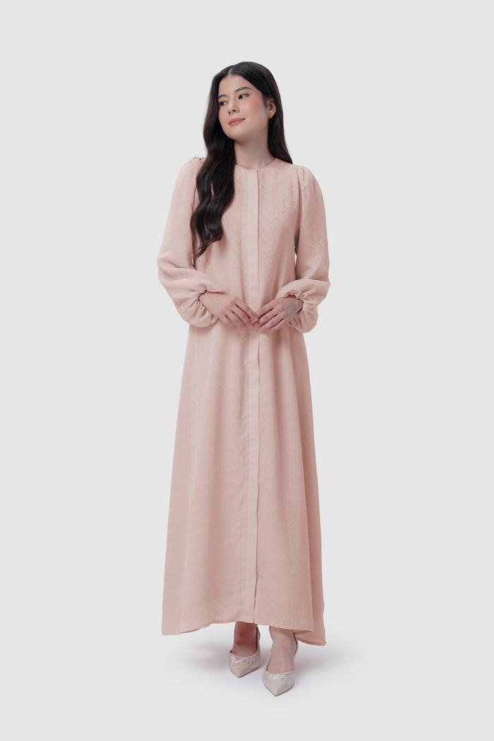 noura puff dress in sepia rose by buttonscarves overview look