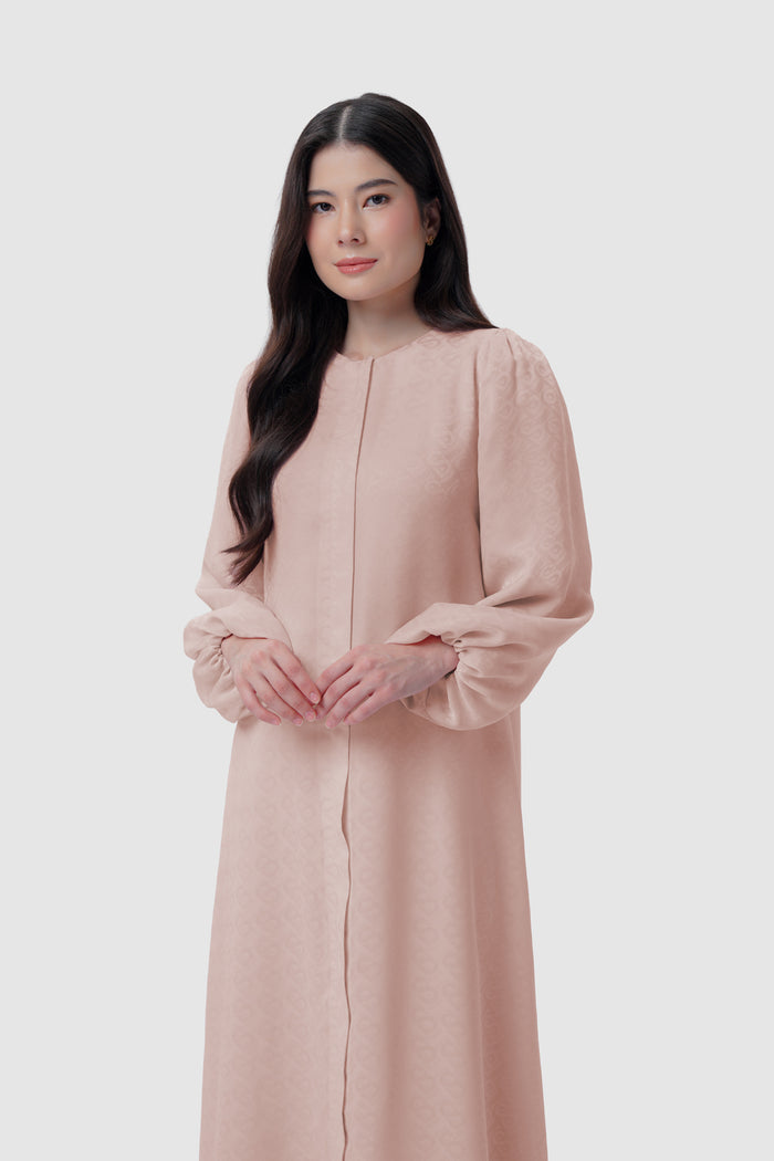 noura puff dress in sepia rose by buttonscarves front view