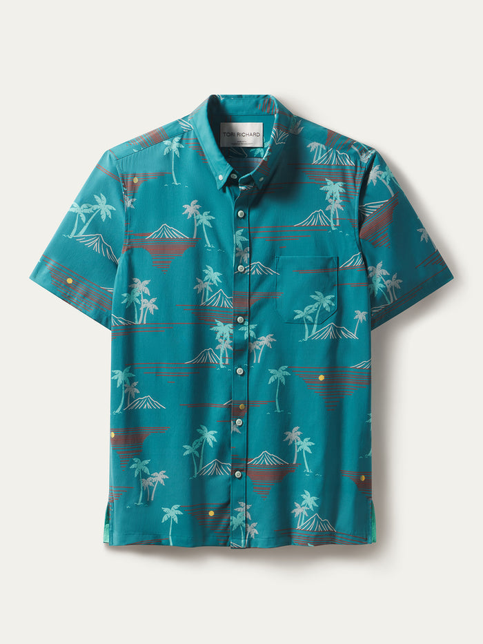 Teal palm-print short-sleeve shirt with chest pocket, front view.