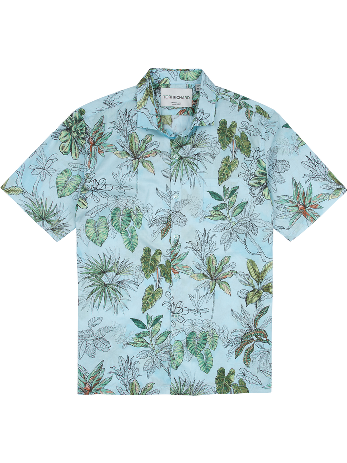 Light blue cotton lawn shirt with green and brown tropical leaf print/pattern, front view.