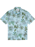 Light blue cotton lawn shirt with green and brown tropical leaf print/pattern, front view.