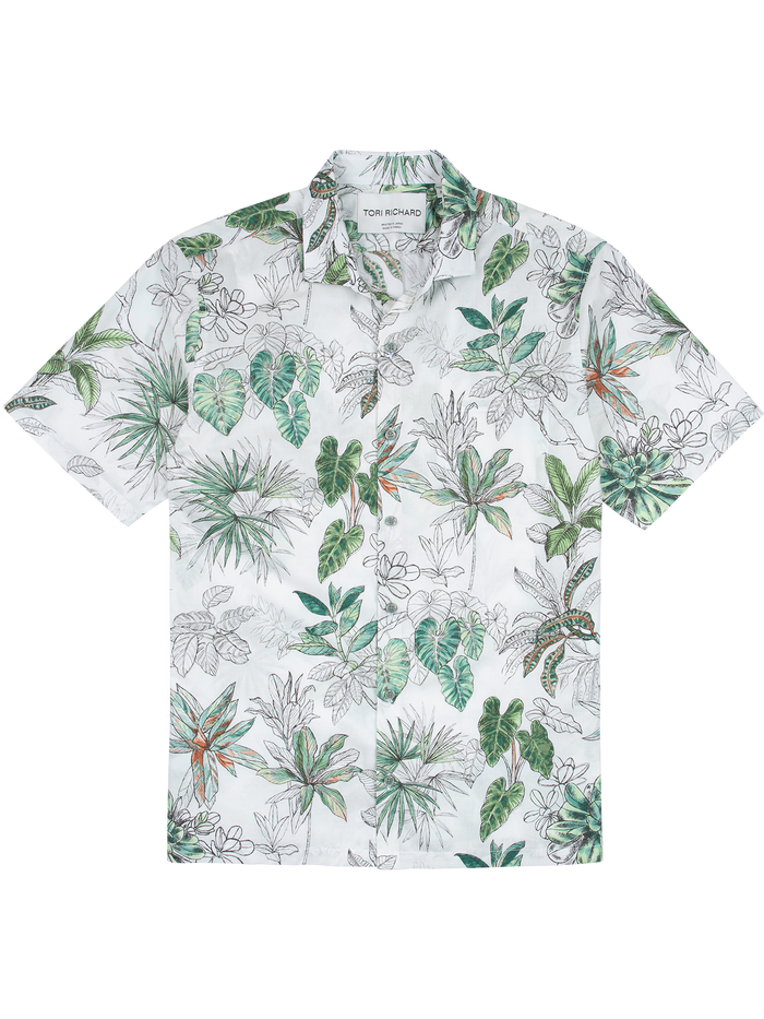 Front views of a green and gray tropical leaf-print cotton short-sleeve shirt.