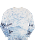 White Merino wool sweater with blue palm trees and mountain print, long sleeves, front view.