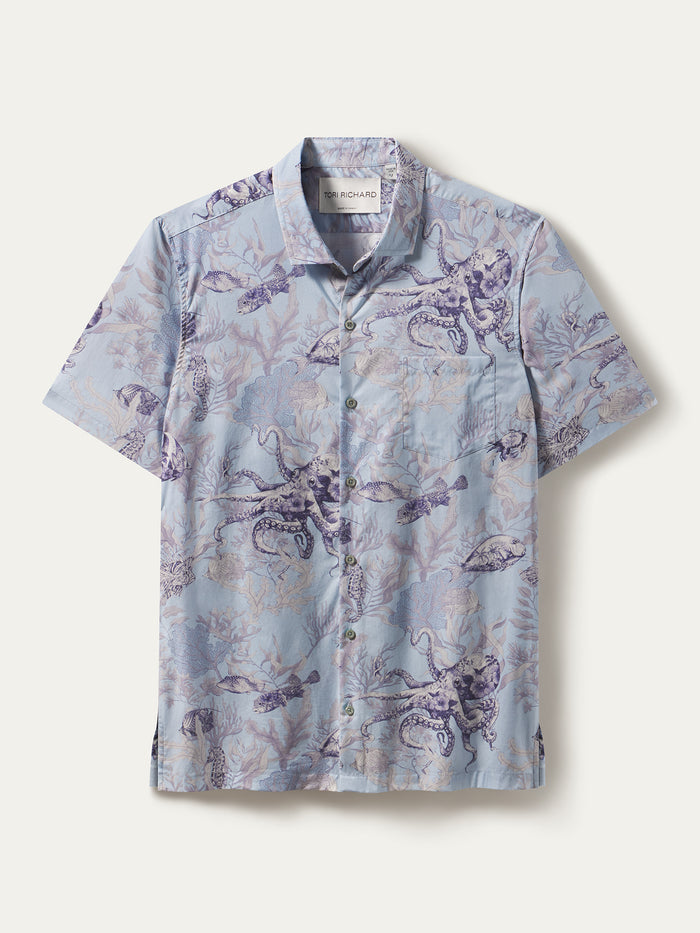 Light blue cotton lawn shirt with purple octopus and fish print, regular and tall fits, front and front view.