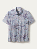 Light blue octopus and fish print Hawaiian lawn shirt, flat lay front view.
