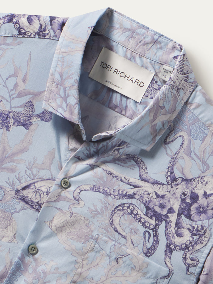 Light blue cotton lawn shirt, purple octopus/ocean life print, short sleeves, front view.