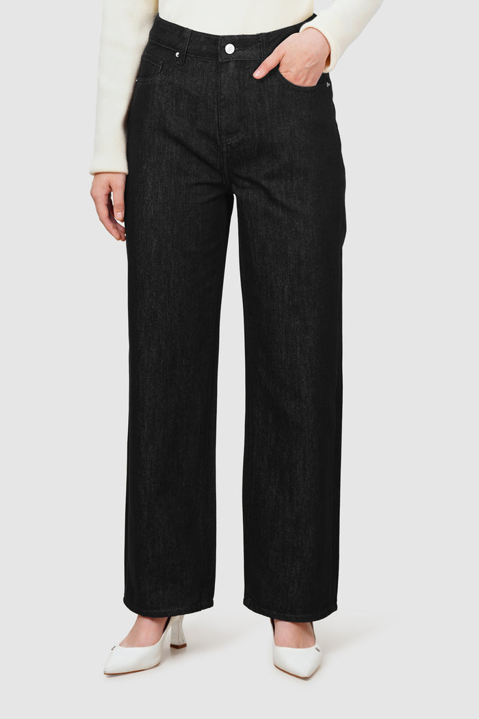 olivia denim pants in black by buttonscarves front view