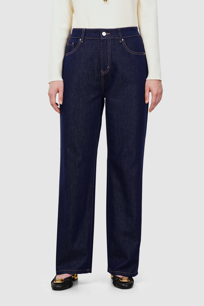 olivia denim pants in navy by buttonscarves front view