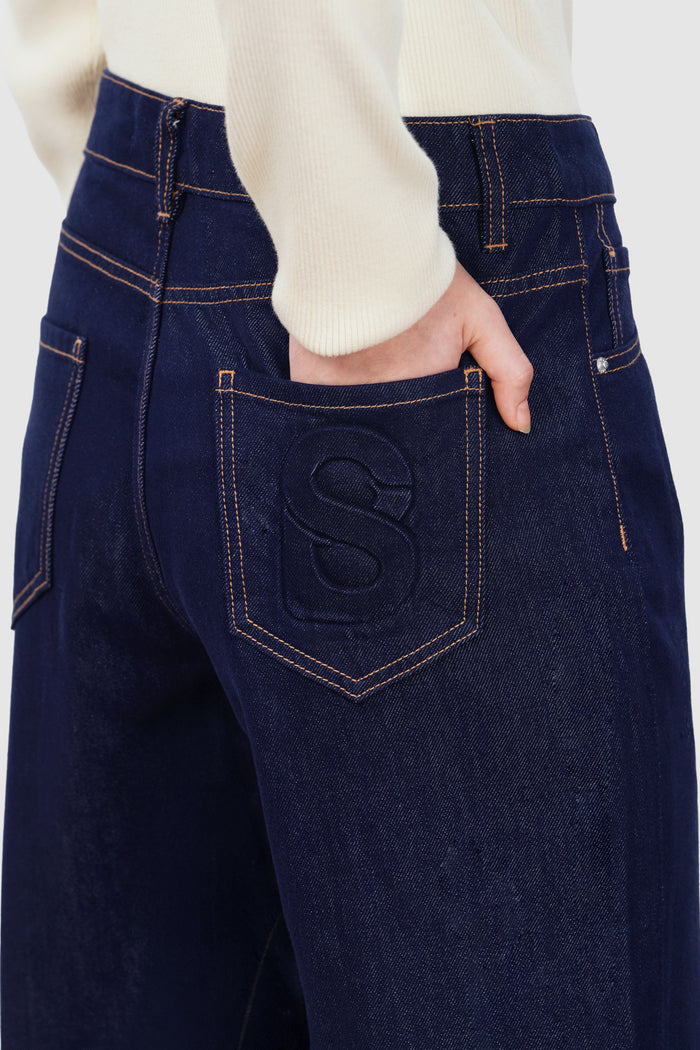 olivia denim pants in navy by buttonscarves signature b detail