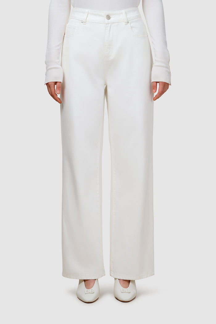 olivia denim pants in white by buttonscarves front view