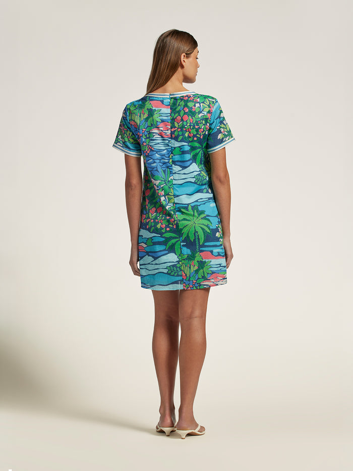 Jungle print knee-length dress with braided trim, back view, shown against a plain background.