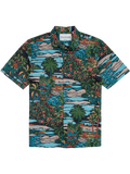 Multicolor tropical landscape-print short-sleeve cotton shirt, front view.