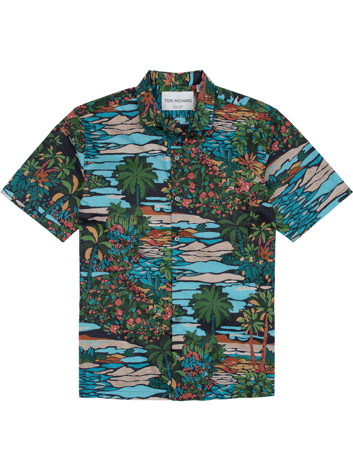Multicolor tropical landscape-print short-sleeve cotton shirt, front view.