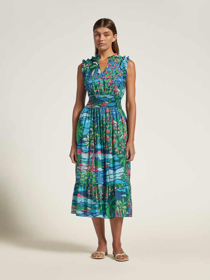 Blue floral cotton sleeveless dress with ruffle trim, front view.