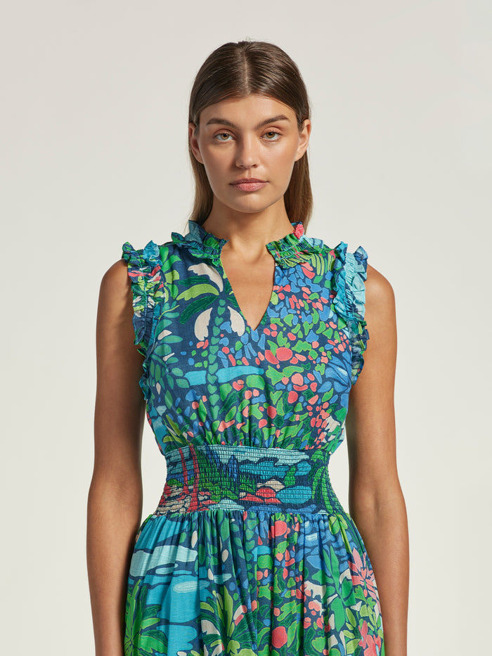 Multi-color floral-print cotton midi dress with ruffle-trim shoulders, front view.