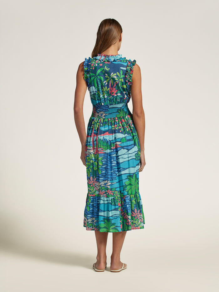 Opalescent light purple solid maxi dress, back view, shown on a woman against plain background.