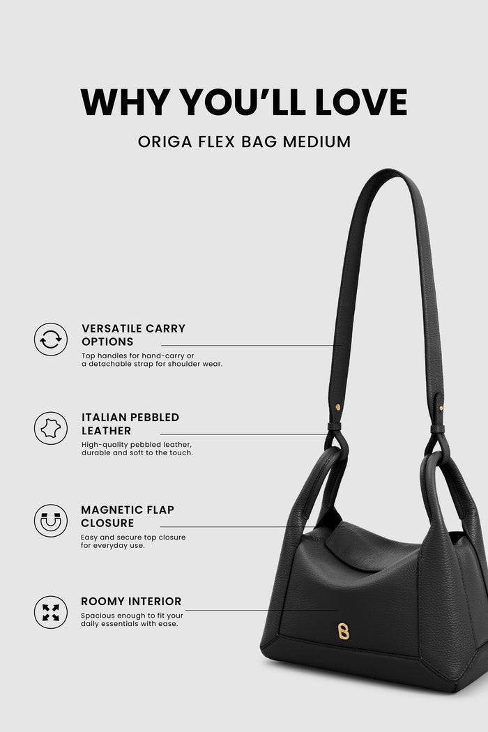 origa flex shoulder bag medium in black by buttonscarves feature overview