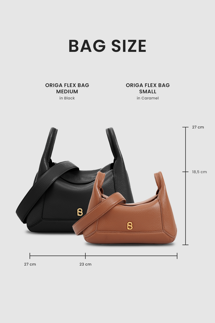 origa flex shoulder bag medium in black by buttonscarves size comparasion