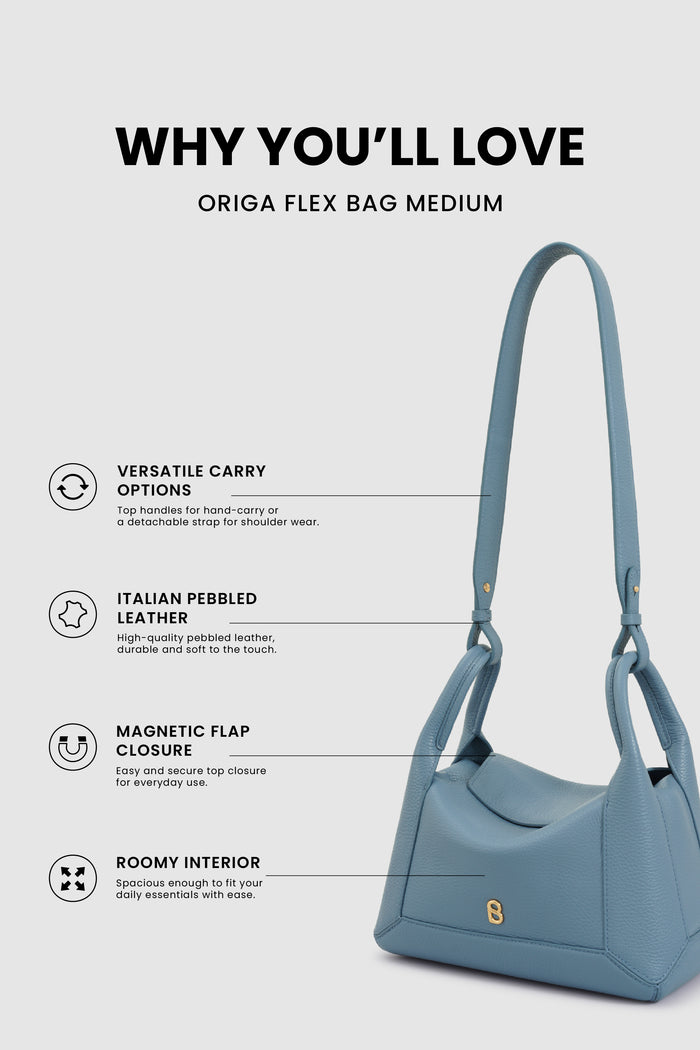 origa flex shoulder bag medium in blue fairy by buttonscarves feature overview