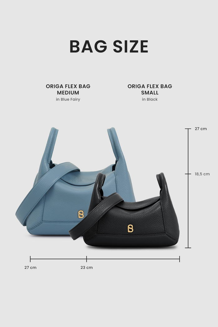 origa flex shoulder bag medium in blue fairy by buttonscarves size comparasion