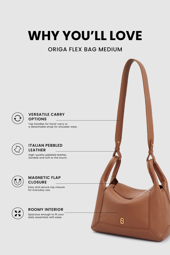 origa flex shoulder bag medium in caramel by buttonscarves feature overview