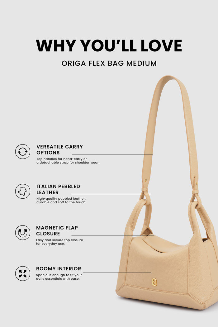origa flex shoulder bag medium in champagne by buttonscarves feature overview