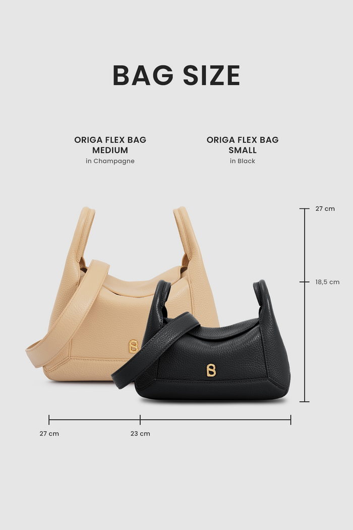 origa flex shoulder bag medium in champagne by buttonscarves size comparasion