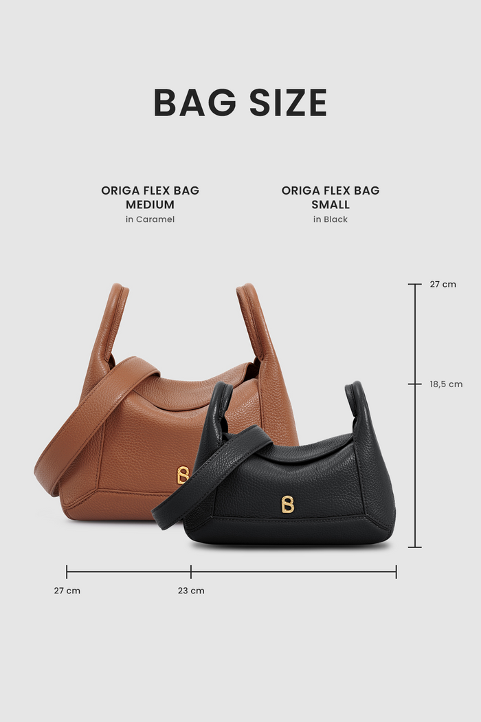 origa flex shoulder bag small in black by buttonscarves size comparasion