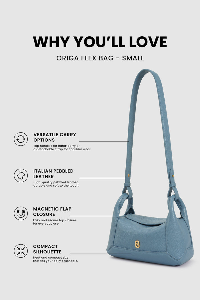 origa flex shoulder bag small in blue fairy by buttonscarves feature overview