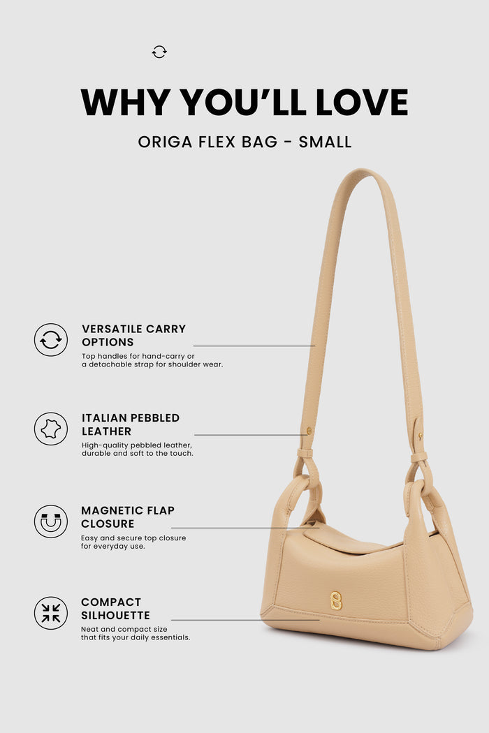 origa flex shoulder bag small in champagne by buttonscarves feature overview
