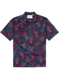 Red, blue, and white tropical leaf-print short-sleeve shirt, flat lay view.