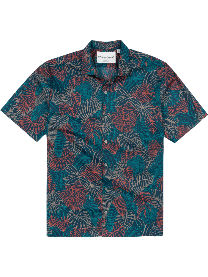 Blue, red, and white tropical leaf-print cotton lawn shirt, front view.