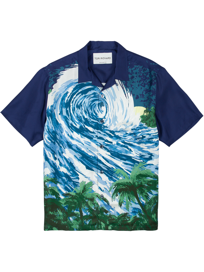 Blue wave and green palm tree print short-sleeve silk shirt, overhead view (shown in Images 1 and 2).