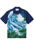 Blue wave and green palm tree print short-sleeve silk shirt, overhead view (shown in Images 1 and 2).