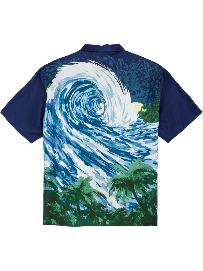 Beige silk shirts with painted waves, palm trees, and dark blue sky or wave print on back, overhead view.