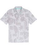 Light gray tropical-patterned cotton polo with 3D jacquard texture, front view.