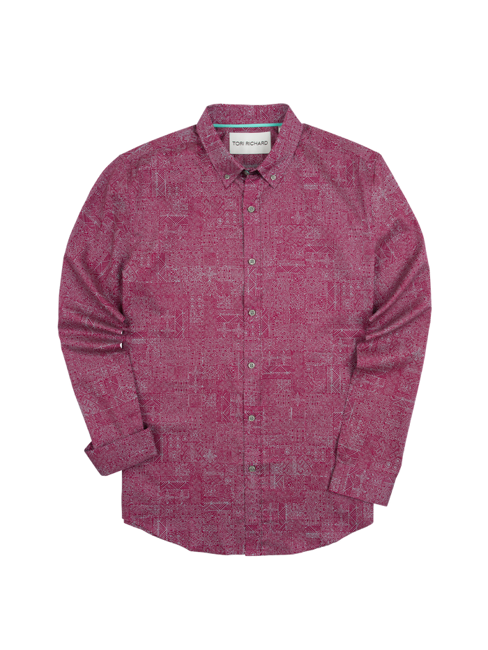 Blue cotton Tencel poplin long-sleeve shirt, solid color, laid flat on white background.
